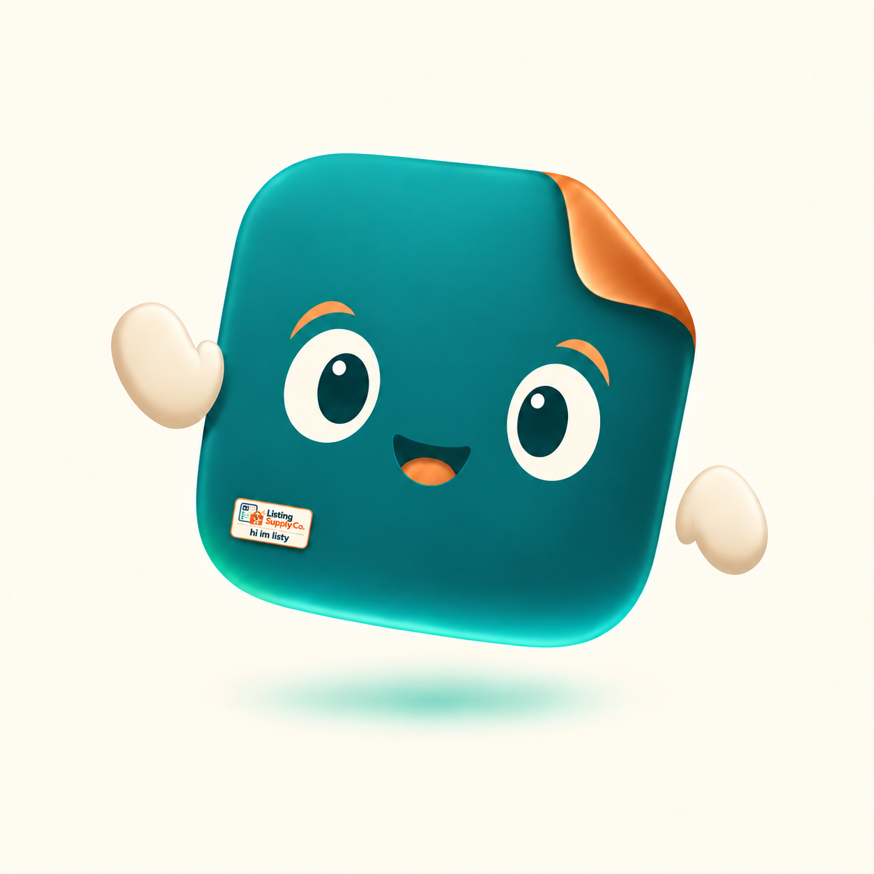 Listy, our smiling teal mascot, waving with her eyes open